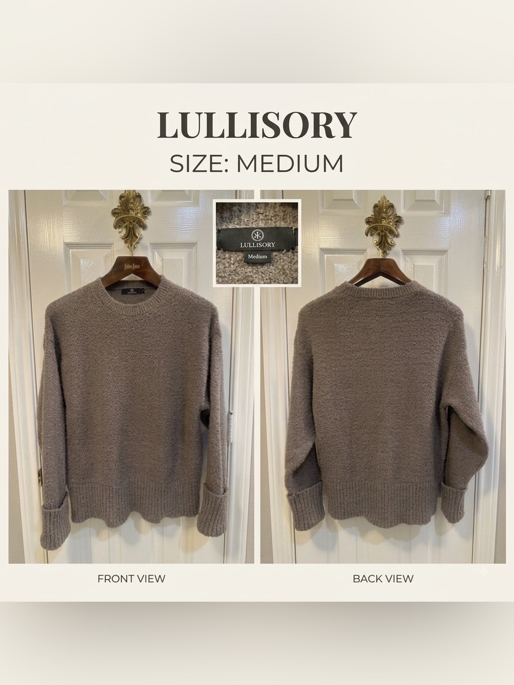 Lullisory Taupe Fuzzy Bouclé Pullover Sweater Folded Cuffed Sleeves Size Medium